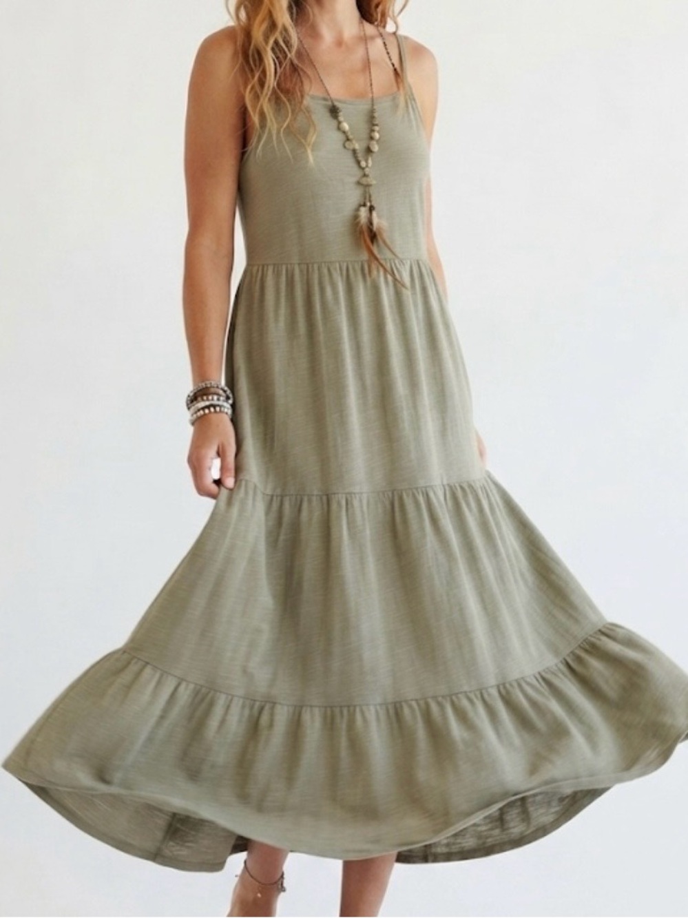 Harlow & Rose Women’s Olive Green Tiered Maxi Dress L Cotton